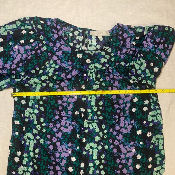 Loft Floral Purple Aqua Black Balloon Sleeve Smocked Womens M Blouse Office EUC - Picture 6 of 7